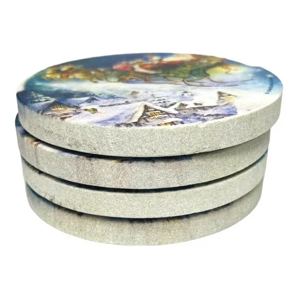 Thirsty Stone Set of 4 Natural Sandstone & Cork Santa Christmas Coasters - Picture 8 of 13